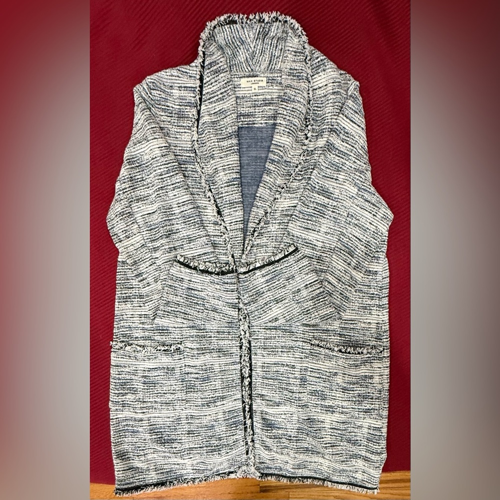 Max Studio London Open Front Tweed Cardigan | Fringe Trim | Black Cream Size XL